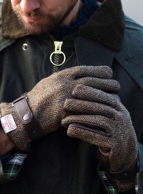 英国 Harris tweed哈里斯粗花呢加厚保暖羊毛真皮触屏手套礼物冬