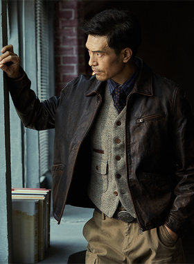 MCS男装源自万宝路经典1930S做旧复古牛皮真皮皮衣男士皮夹克外套