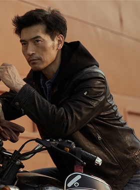 MCS男装源自万宝路 立领真皮山羊皮机车皮衣连帽皮夹克外套男士