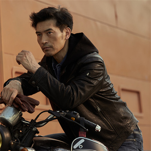 MCS男装源自万宝路 立领真皮山羊皮机车皮衣连帽皮夹克外套男士