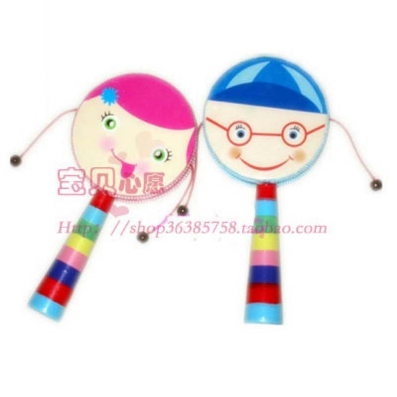 婴儿玩具 手绘木制聚酯皮拨浪鼓 彩色手柄 颜色鲜艳 声音清脆