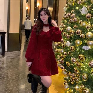 赫本小香风圣诞节红色金丝绒连衣裙女秋冬季气质内搭打底礼服裙子