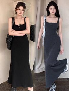 吊带背心女大码连衣裙高个子方领长裙2026夏季新款修身显瘦高级感