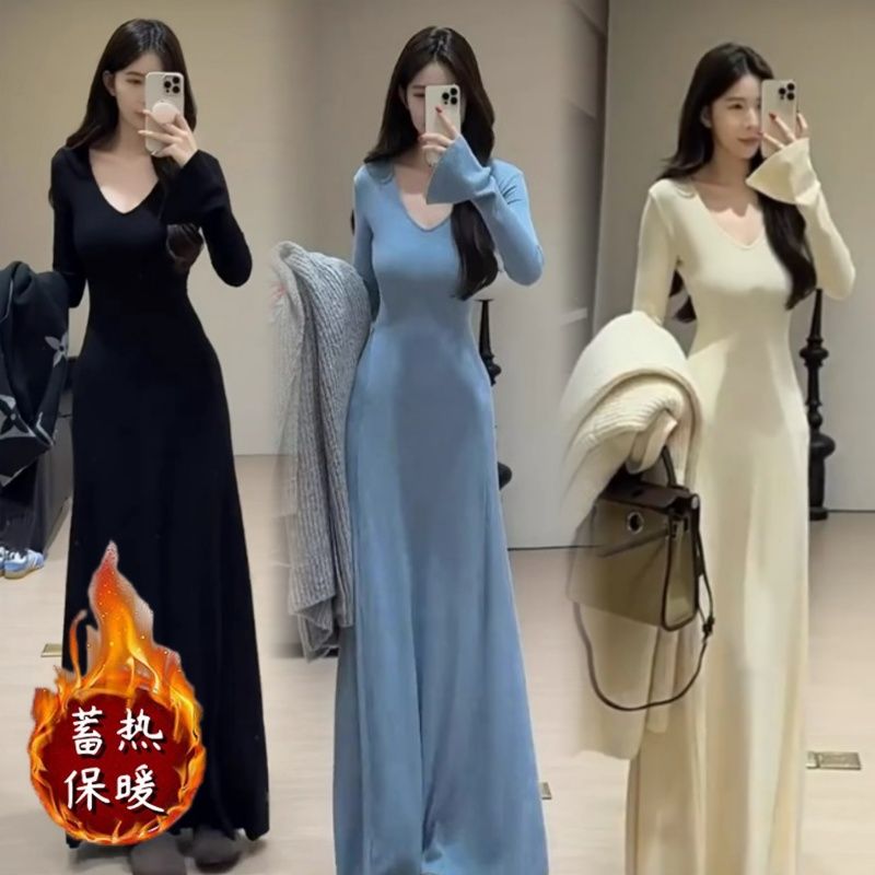 韩系穿搭v领长袖连衣裙女秋冬季