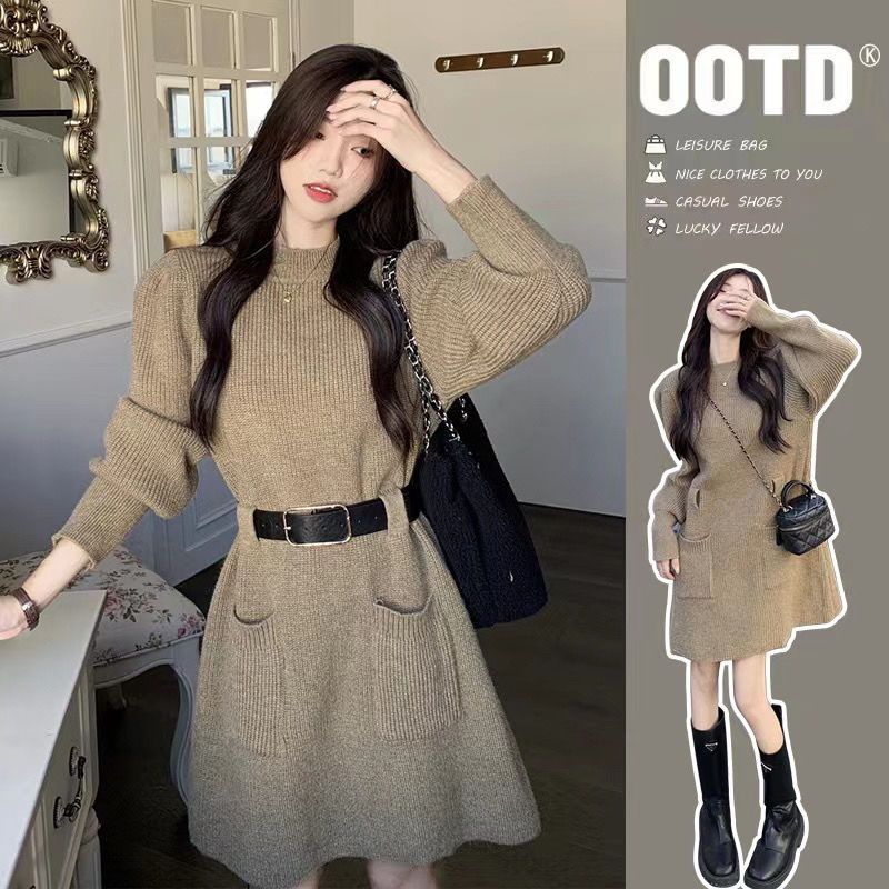 秋冬超好看配大衣内搭针织连衣裙