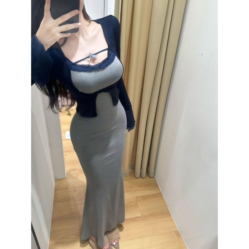 法式巨好看灰色吊带包臀连衣裙子女秋冬季2026新款超火穿搭一整套
