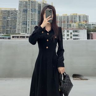 今年爆款连衣裙秋冬灯芯绒气质名媛小黑裙收腰显瘦中长款A字裙子