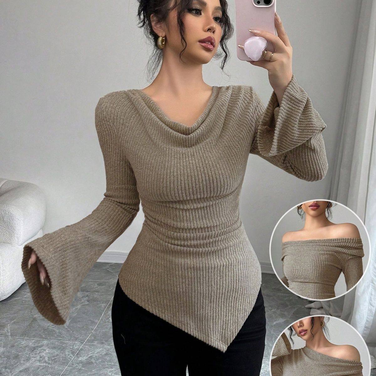 高级设计感小众不规则长袖女春秋季内搭打底衫修身一字肩露肩上衣,女装/女士精品,T恤,淘宝优惠券,粉丝福利购,淘宝优惠卷