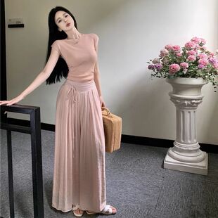 新款 两件套装 高级感绑带短袖 休闲裙裤 针织衫 气质纯欲温柔风女夏季