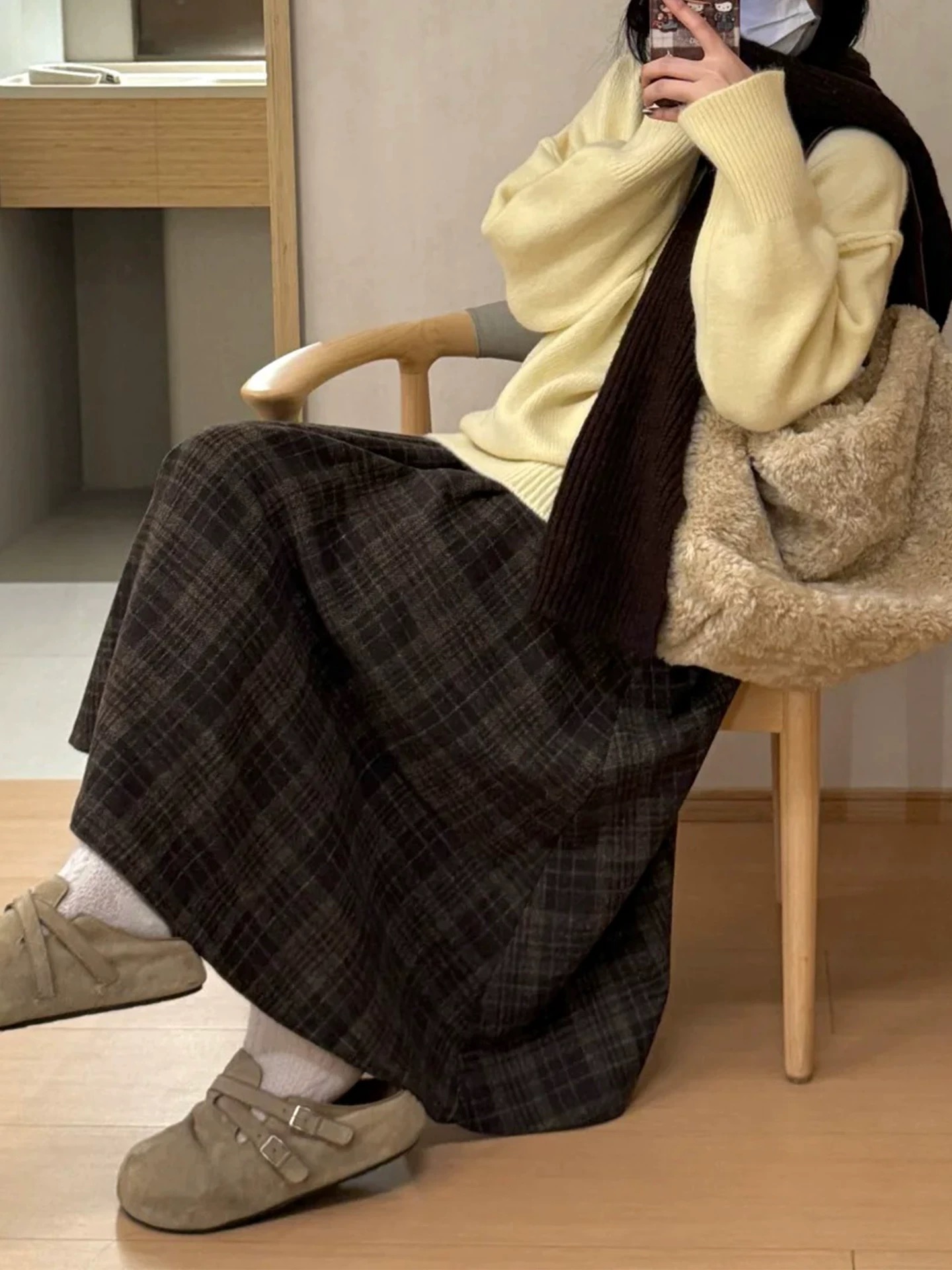 复古毛呢格子伯克利中长半身裙