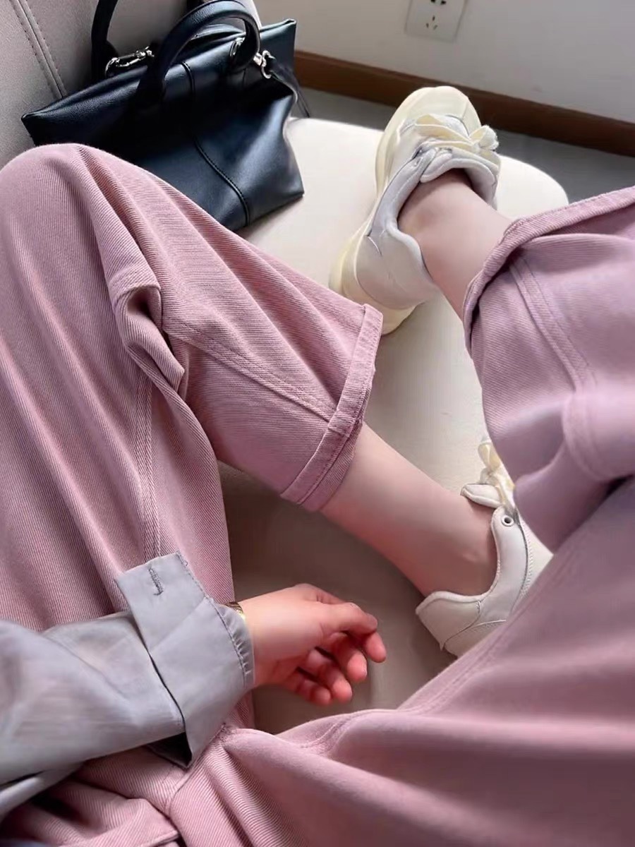 南瓜籽女装定制大码微胖妹妹mm春秋高腰显瘦美式糖果色牛仔阔腿裤