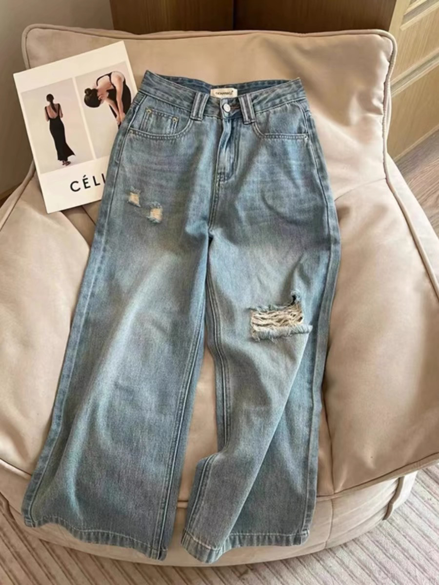 南瓜籽女装定制大码胖妹妹mm夏季破洞宽松阔腿九分牛仔直筒休闲裤