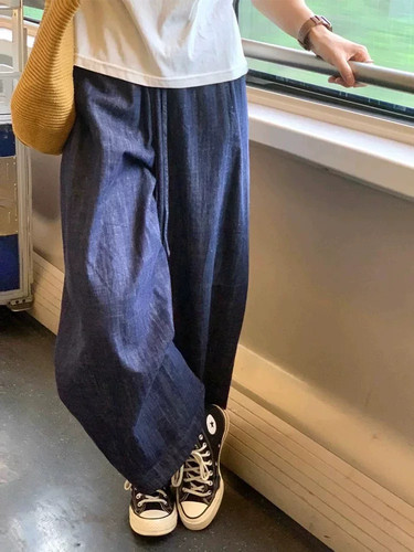 大码女装微胖妹妹mm慵懒风阔腿棉麻牛仔夏宽松遮胯显瘦九分奶奶裤