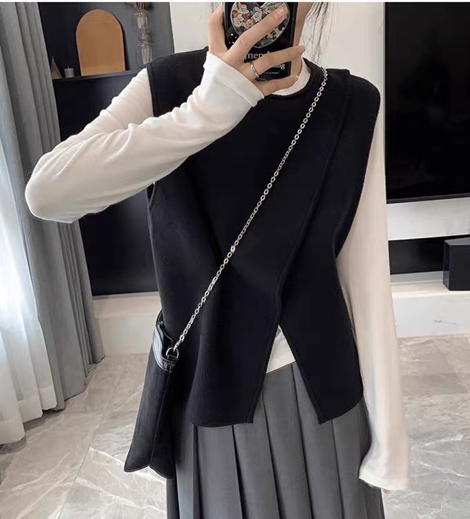 南瓜籽女装定制胖妹妹mm不规则开叉针织马甲秋冬洋气叠穿显瘦上衣