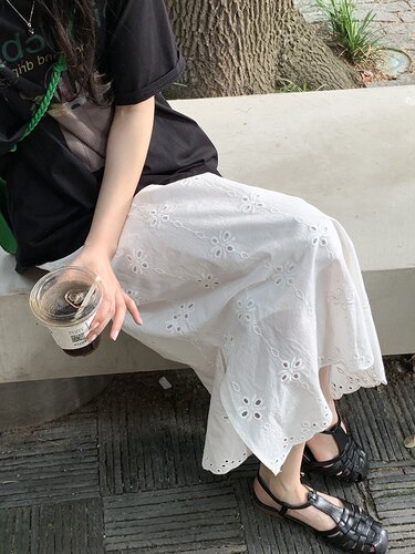 白色开叉高腰宽松显瘦休闲半身裙