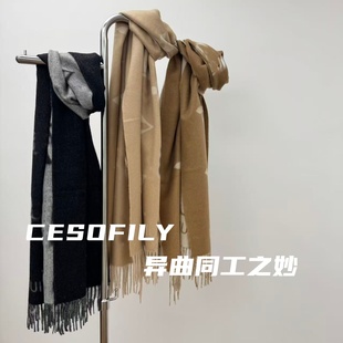 CESOFILY 100%纯羊绒经典老花围巾女冬季保暖百搭围脖披肩两用