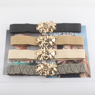 网红夏日度假金色花朵扣头蜡绳弹力收腰简约配连衣裙腰封腰带女