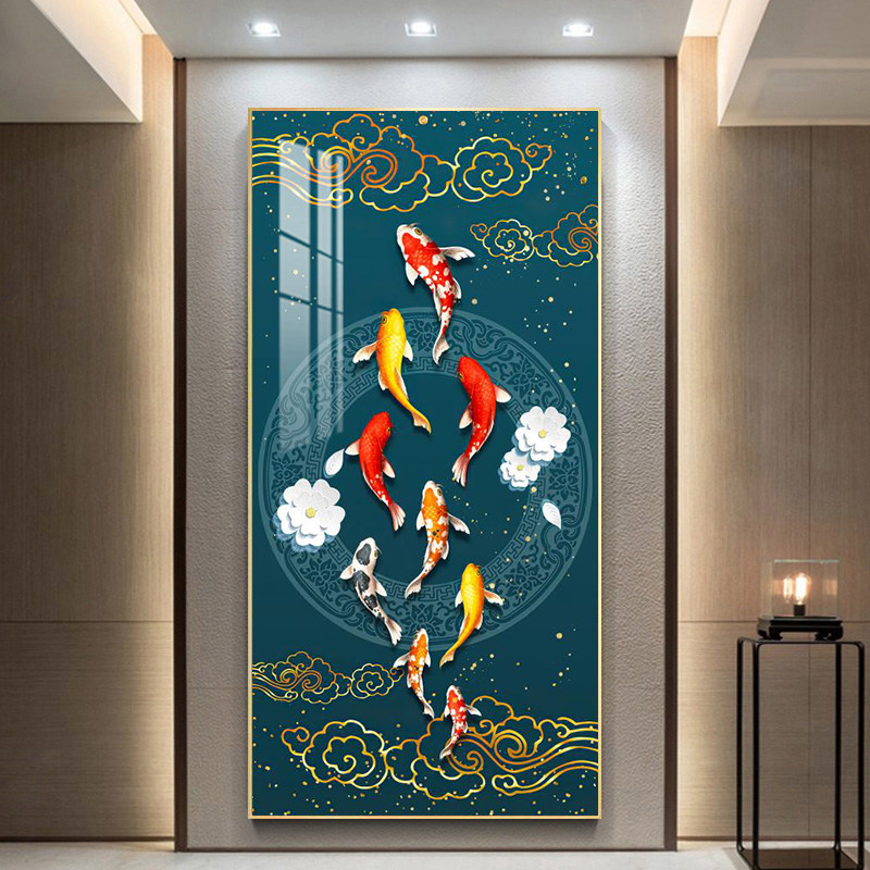 新中式九鱼图玄关装饰画现代轻奢现代装饰画