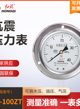 红旗耐震压力表轴向带边YTN-100ZT防震油压表水压气压背式1.6mpa