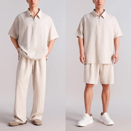 苎麻天丝松弛有型polo/长短裤套装 拉链翻领 立体双褶 舒适松紧裤
