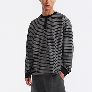 上衣 280G精梳棉亨利领撞色条纹长袖 廓形男款 抗皱易打理 2色 T恤