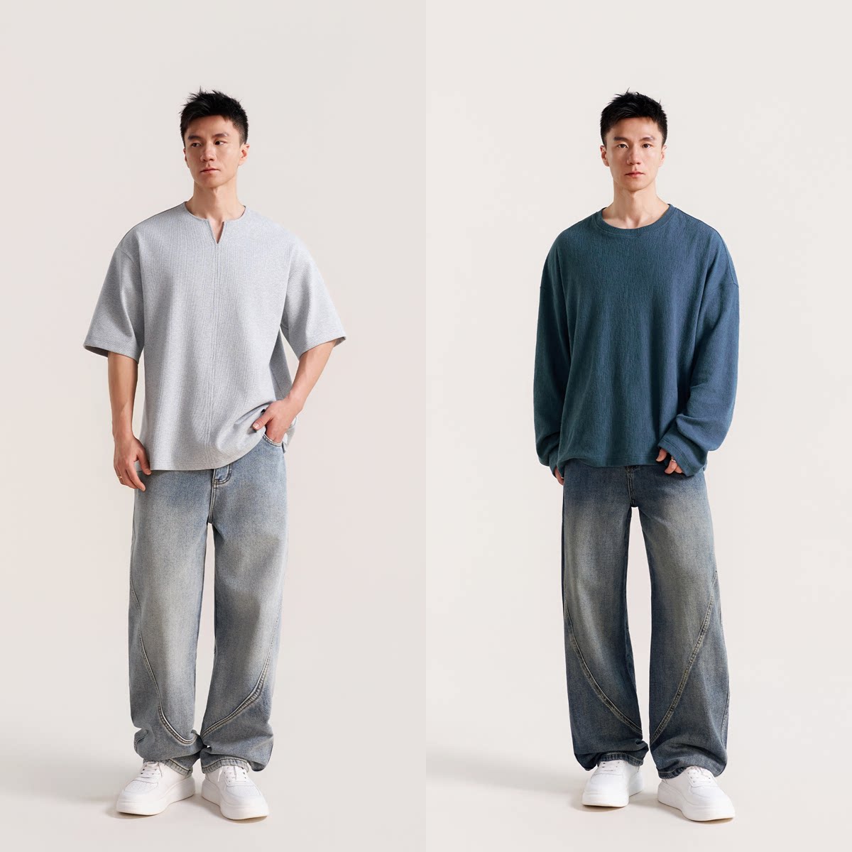 精梳棉立裁分割茧型牛仔裤 做旧水洗 加绒/不加绒可选 男款长裤