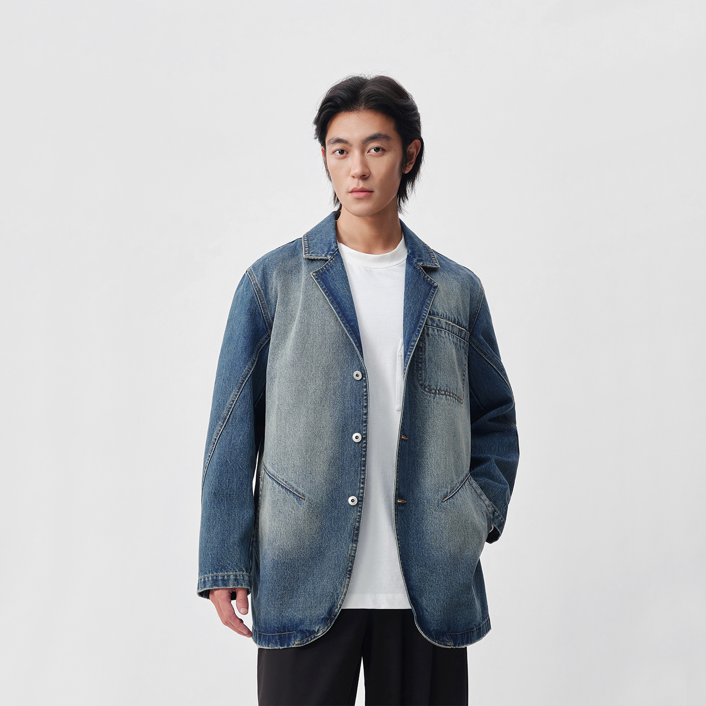 复古水洗做旧牛仔西装 重工擦马骝工艺 水洗做旧 男士平驳领外套