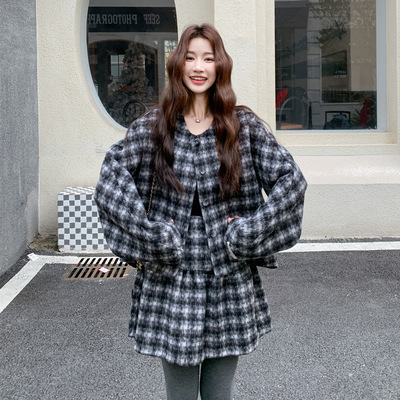 官网女装夏易菲实拍格纹双面羊毛外套半身裙套装2025冬新款复古气