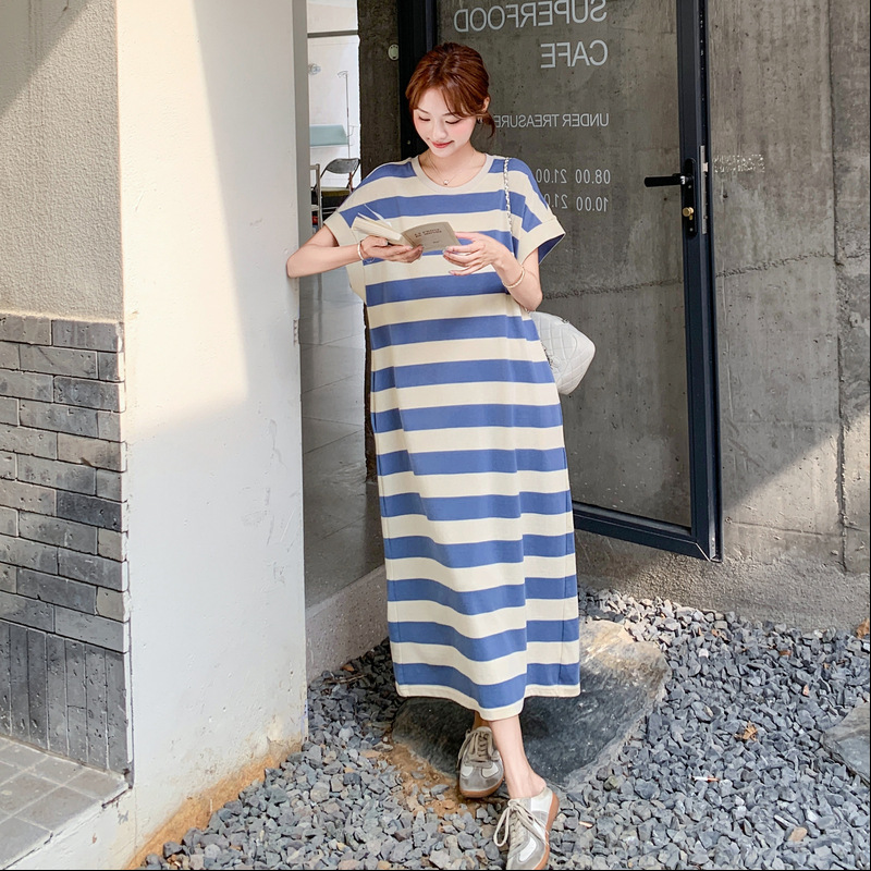 官网女装夏易菲实拍时髦减龄慵懒风条纹T恤裙2025新款韩版宽松休