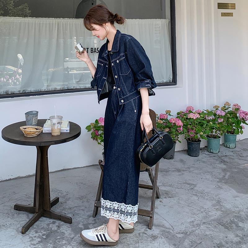 官网女装夏易菲实拍小香风牛仔蕾丝拼接阔腿裤套装女2025春季新款