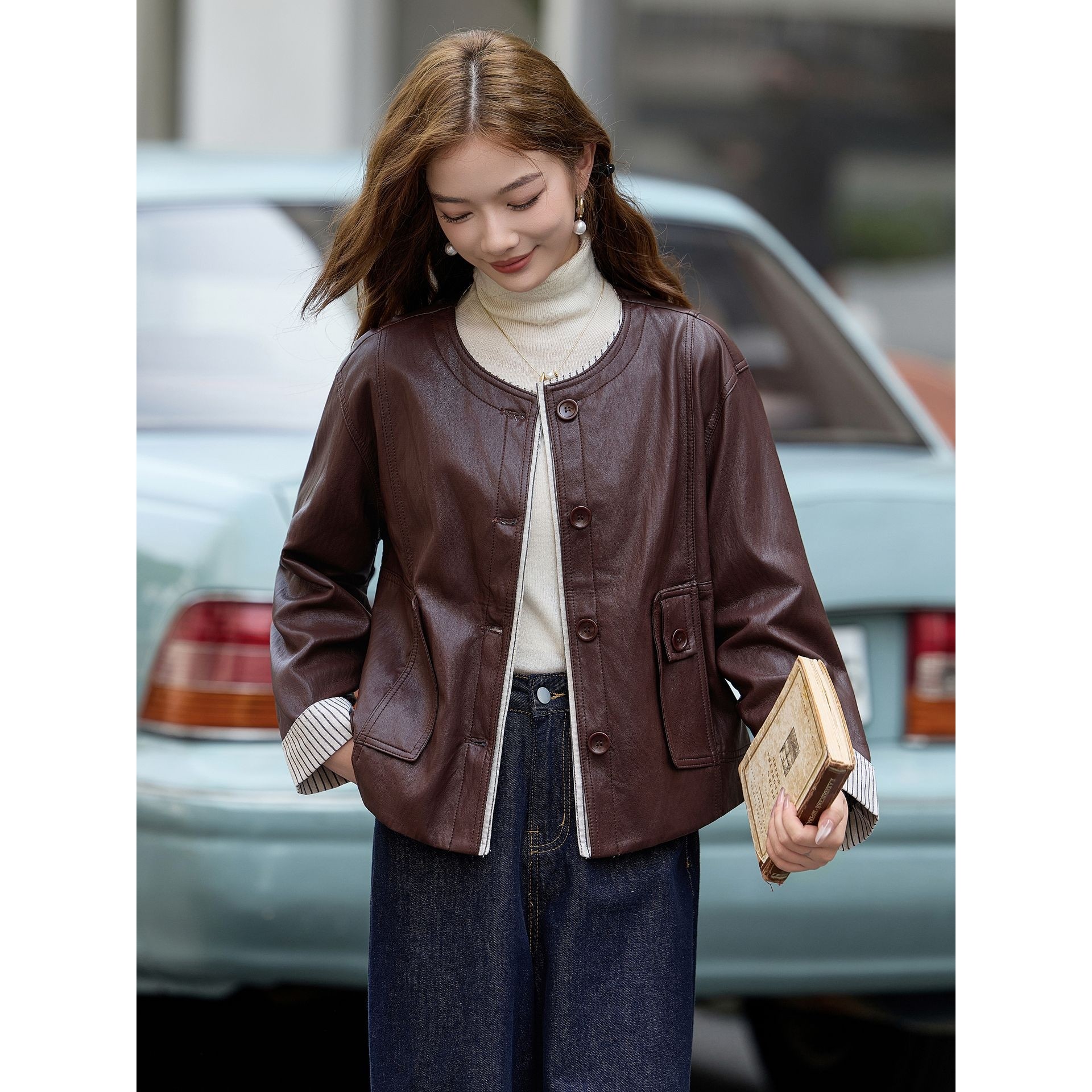 官网女装夏易菲休闲女皮衣2026秋季新款圆领单排扣pu宽松外套条纹,女装/女士精品,皮草,淘宝优惠券,粉丝福利购,淘宝优惠卷