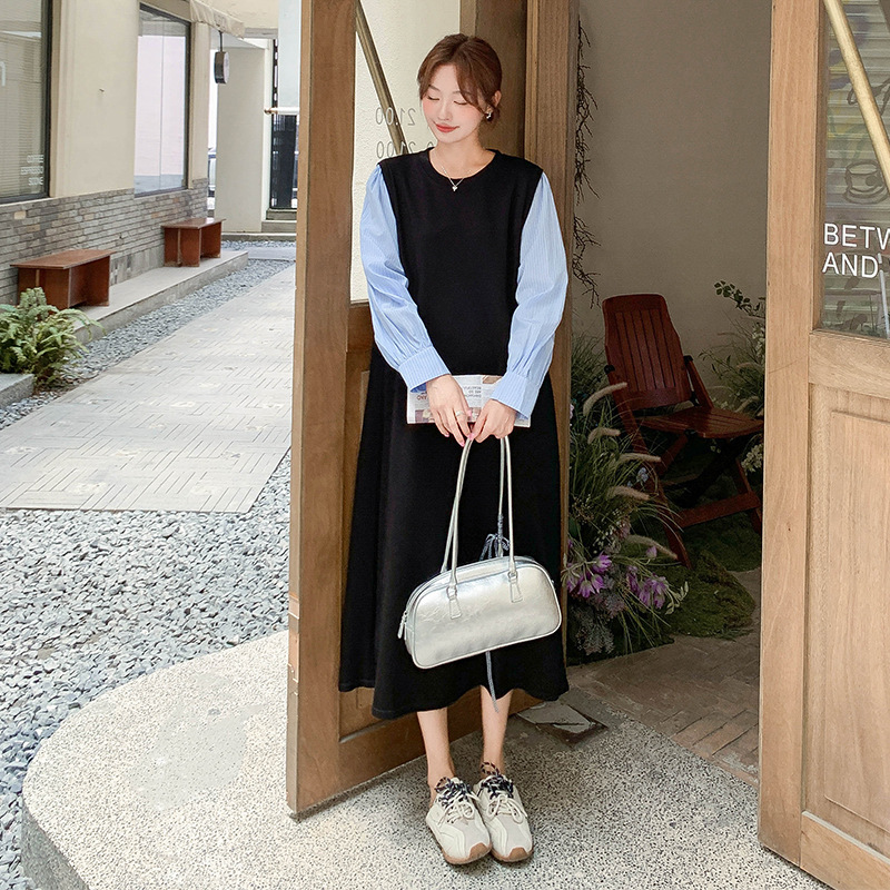 官网女装夏易菲实拍韩系条纹衬衫拼接假两件卫衣裙2025秋款时尚气