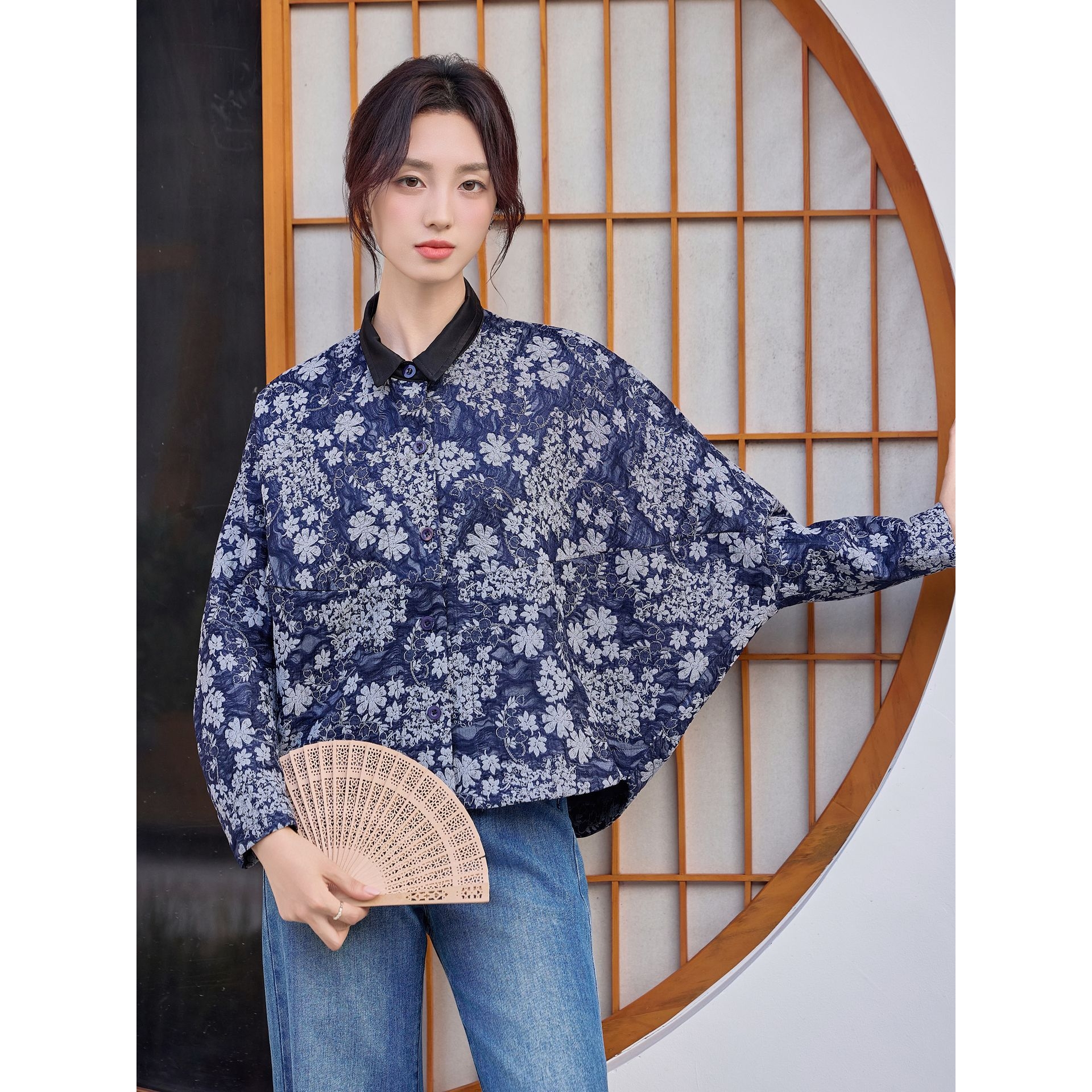 官网女装夏易菲2025秋季新款宽松百搭气质上衣新中式国风翻领提花