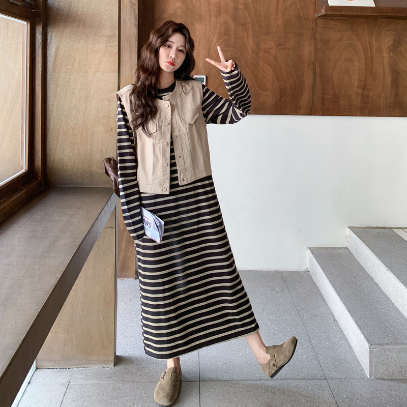 官网女装夏易菲实拍慵懒风休闲长袖条纹连衣裙马甲套装2025秋新款