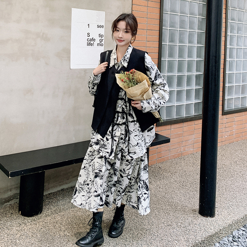 官网女装夏易菲水墨印花连衣裙套装春秋女2025新款法式复古设计感