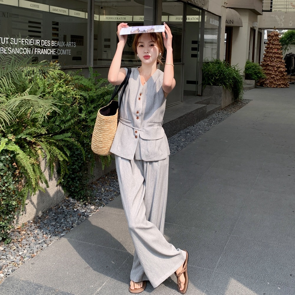 官网女装夏易菲实拍灰色薄款西装马甲套装2025新款时尚御姐阔腿裤