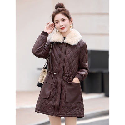 官网女装夏易菲2025秋冬季皮衣外套女中长款抽绳收腰夹棉加绒保暖