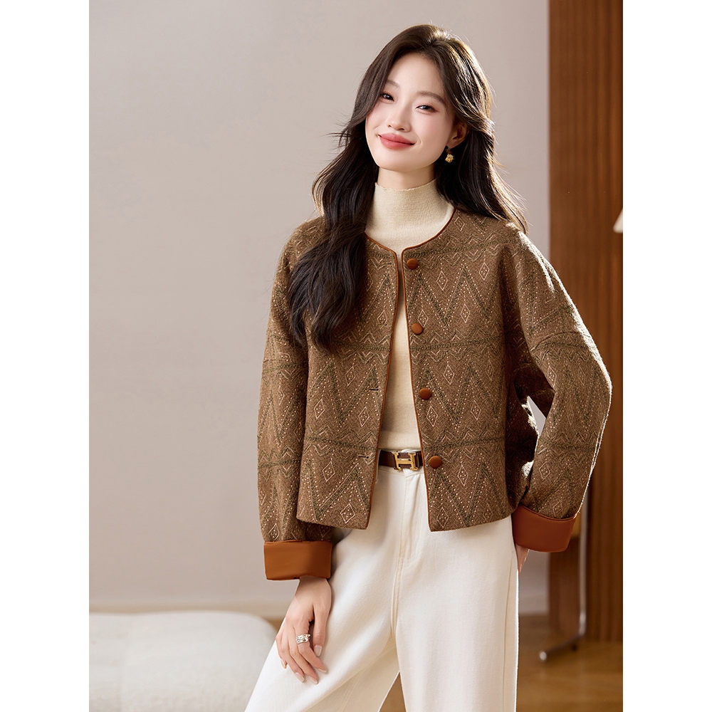 官网女装夏易菲2025秋季新款气质圆领绣花上衣新中式国风时尚外套