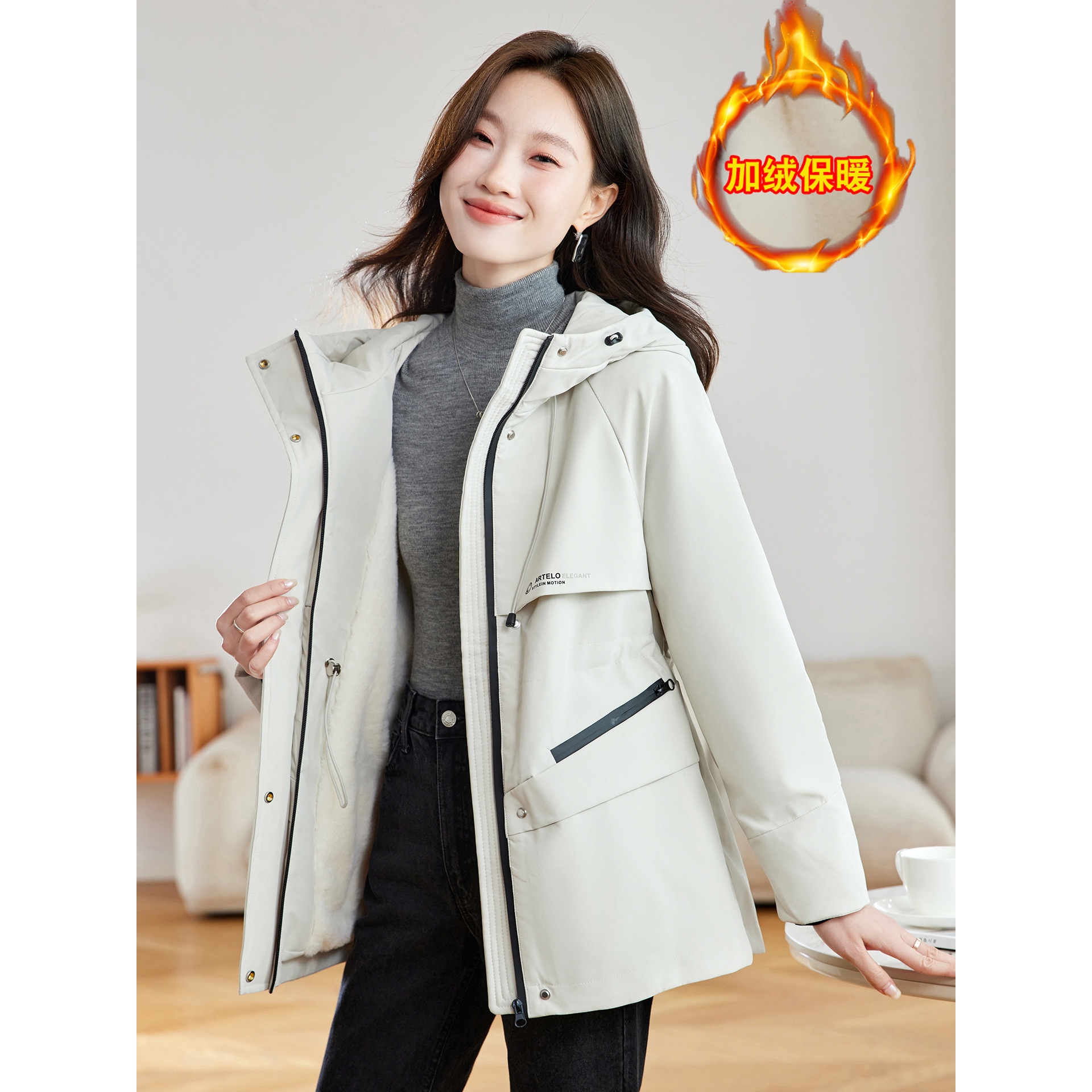 官网女装夏易菲工装派克服女2025秋冬季新款中长款加绒加厚保暖冲