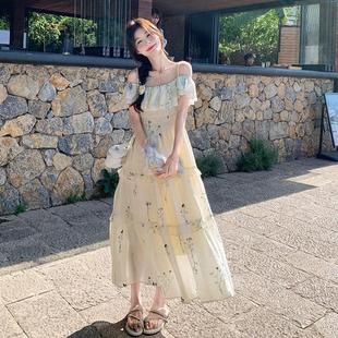 官网女装 甜美气 夏易菲海边度假风一字肩吊带连衣裙女2025夏季 新款