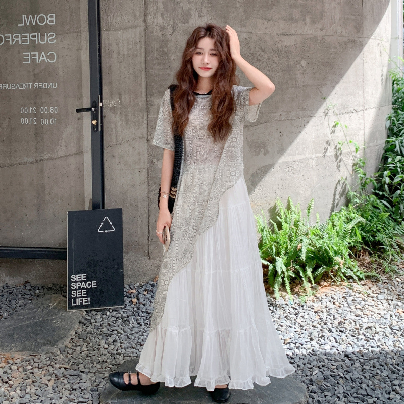 官网女装夏易菲实拍法式叠穿设计感不规则网纱罩衫套装女2025夏慵