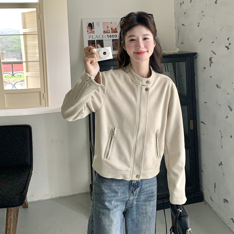 官网女装夏易菲实拍米白色麂皮皮衣外套2025秋新款韩系立领小个子