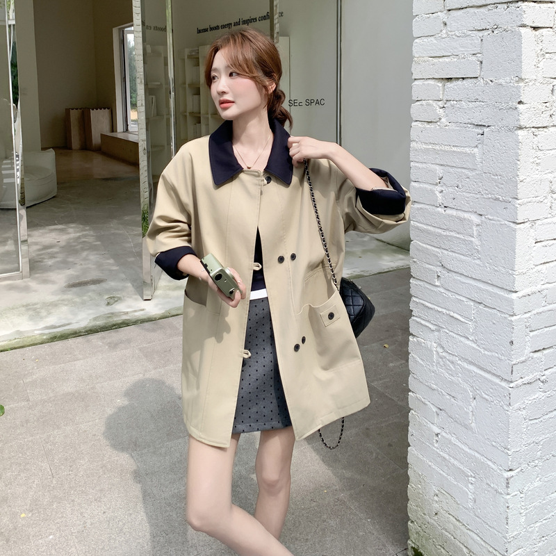 官网女装夏易菲实拍卡其撞色翻领风衣外套2025秋款气质百搭显瘦英