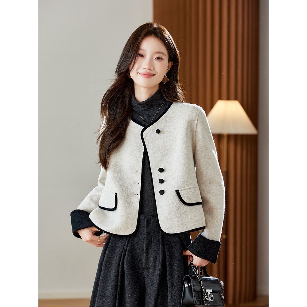官网女装夏易菲简约风简色拼接羊毛呢外套女2026秋冬新赫本风时尚,女装/女士精品,毛呢外套,淘宝优惠券,粉丝福利购,淘宝优惠卷