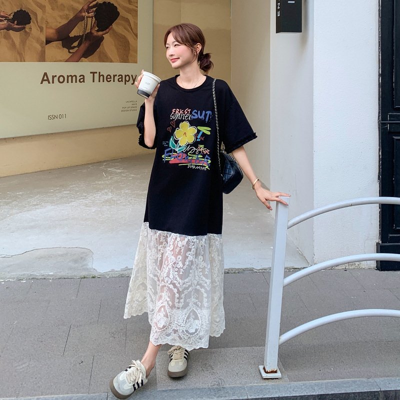 官网女装夏易菲实拍休闲蕾丝刺绣拼接字母印花t恤长裙2025新款显