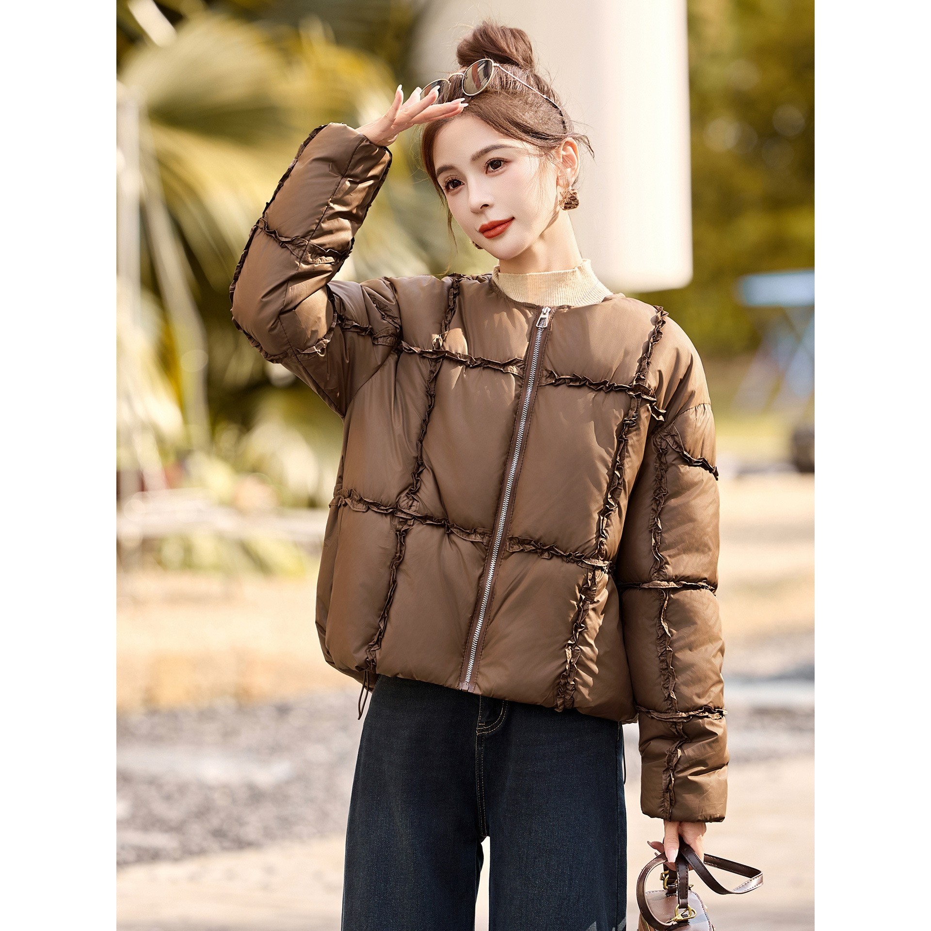 官网女装夏易菲木耳边拼接香风棉服女2025冬新款小个子宽松时尚保