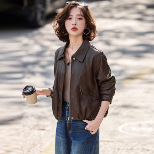官网女装 气质复古小个子翻领PU 夏易菲咖色皮衣外套女春秋2026新款