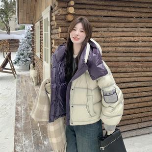 官网女装夏易菲撞色拼接羽绒服女短款2026冬季新款设计感连帽保暖