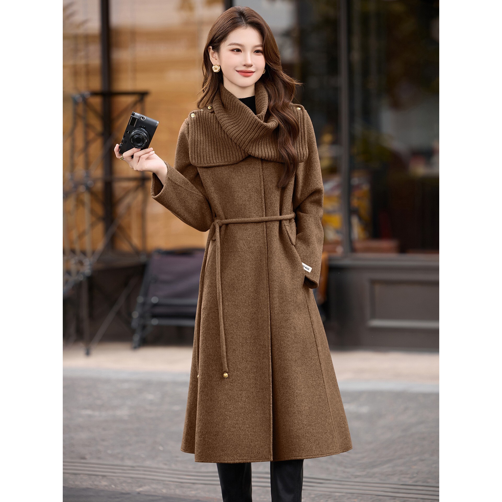 官网女装夏易菲设计感围巾领双面毛呢大衣女2025新款气质时尚呢子