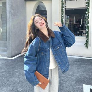 官网女装夏易菲学院风羊羔毛翻领短款牛仔派克外套羽绒服女冬2026